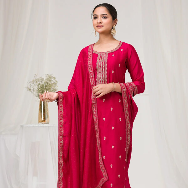 Rani Pink Sequins Raw Silk Readymade Salwar Suit