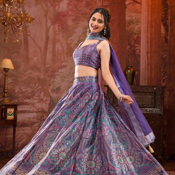 Purple Printed Semi Crepe Readymade Lehenga